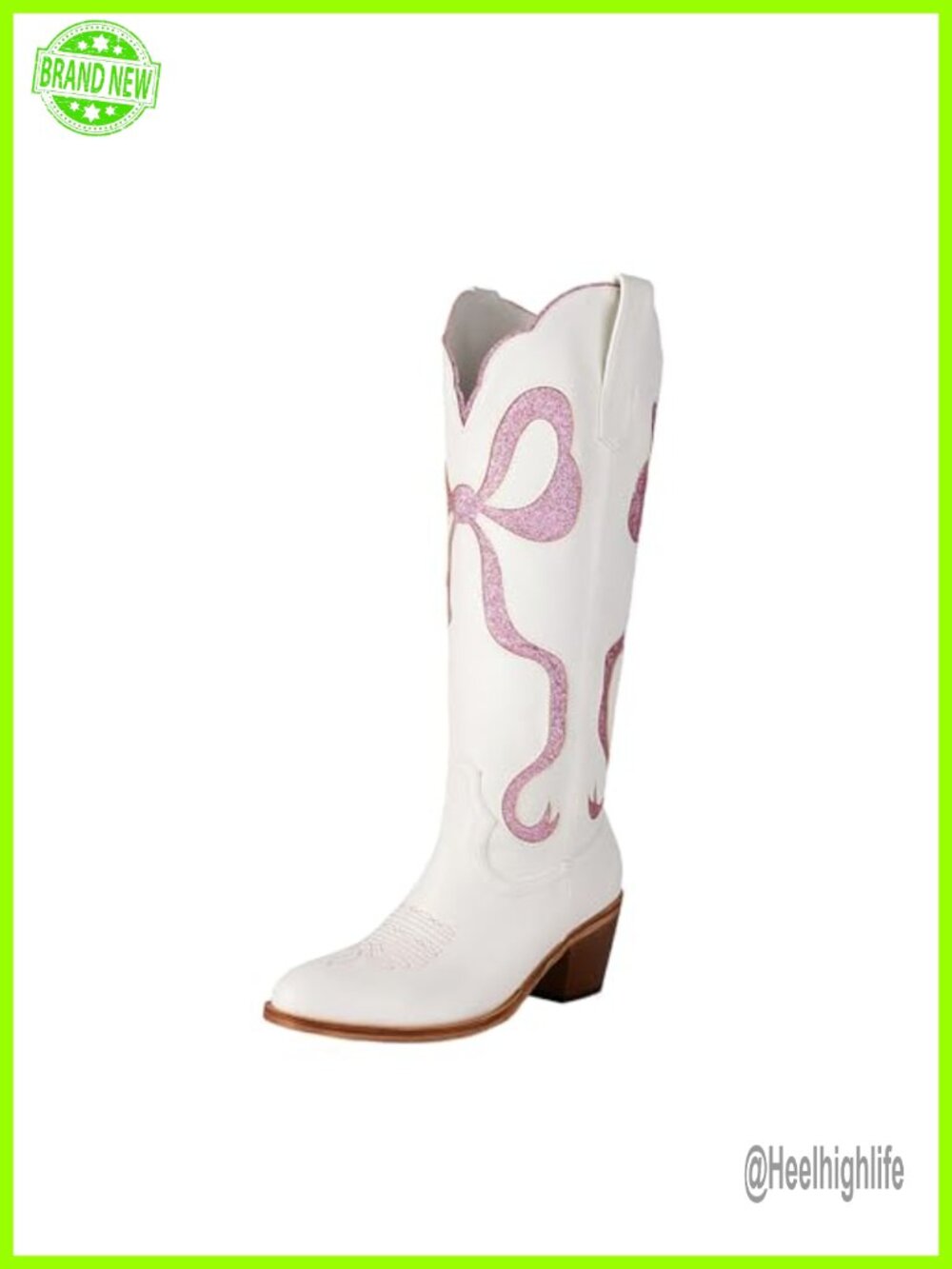 Women's Knee-High Cowboy Boots with Bow Block Heel Pull-On Western